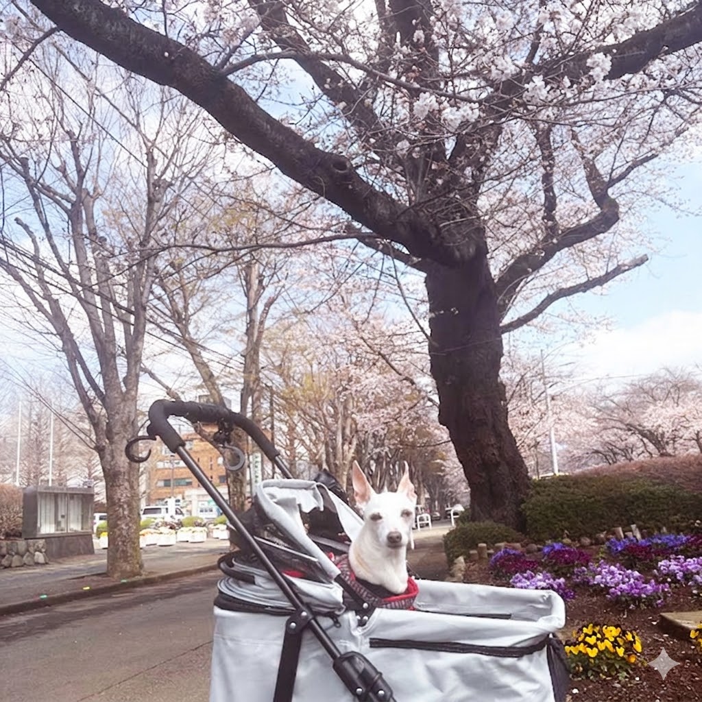 シニアイタグレ 桜散歩 ペットカートで